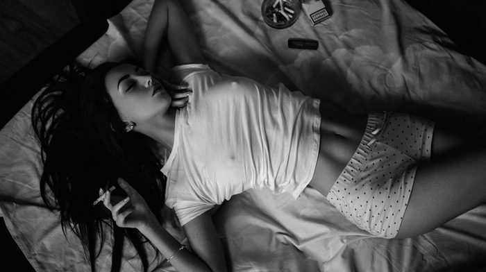 smoking, brunette, monochrome, nipples through clothing, Maxim Guselnikov, model, white tops, in bed, closed eyes