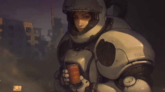girl, digital art, ruins, drawing, Cyrillic, science fiction, space suit, futuristic armor