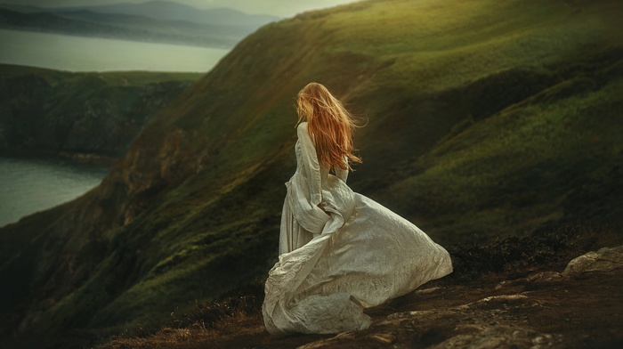 hill, emotions, coast, redhead, cliff, model, white dress, girl