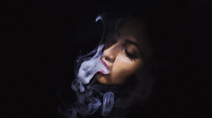 black background, face, girl, smoke