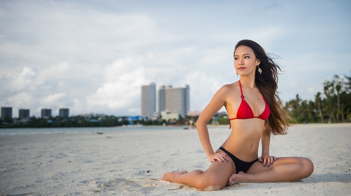 Asian, girl, sand, bikini, looking away