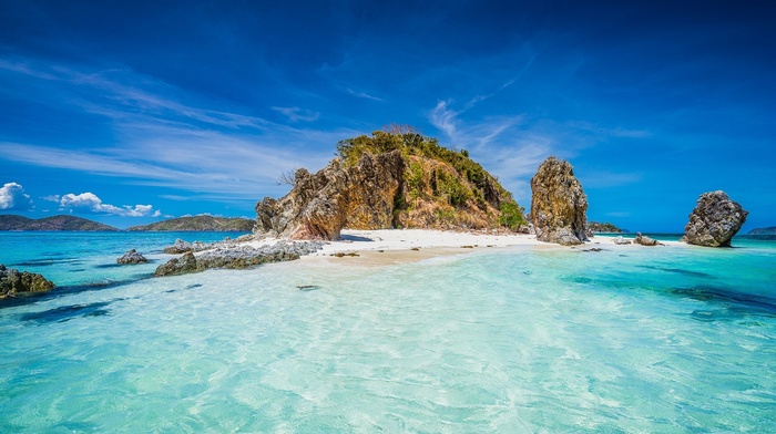rock, tropical, landscape, Philippines, mountain, nature, beach, sand, turquoise, island, summer, clouds, sea, water