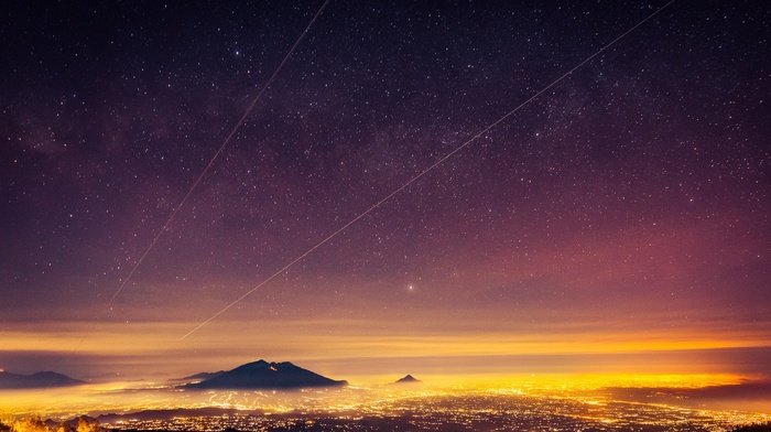 starry night, mountain, lights, nature, valley, lines, cityscape, landscape, mist