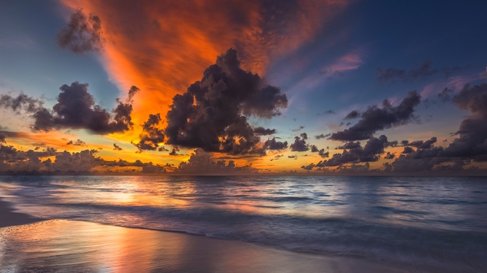nature, beach, Maldives, clouds, coast, waves, tropical, landscape, sky, sunset, sea