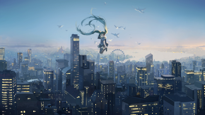 cityscape, ferris wheel, birds, sky, Vocaloid, Hatsune Miku