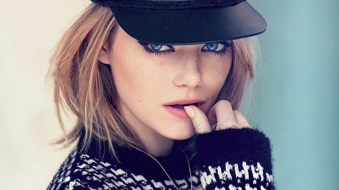 blue eyes, hat, Emma Stone