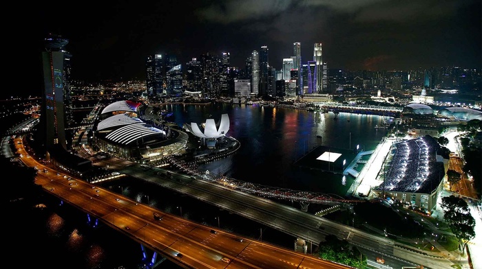 race cars, bay, urban, landscape, highway, cityscape, skyscraper, architecture, Formula 1, modern, Singapore, night, lights
