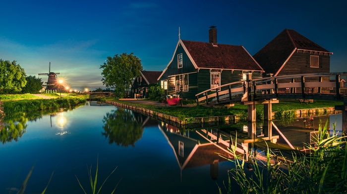 grass, canal, Europe, evening, trees, reflection, house, bridge, lantern, landscape, blue, water, nature, Netherlands, Zaanse Schans, lights