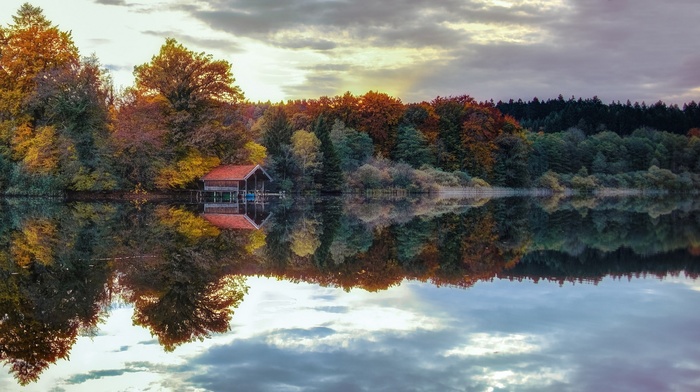 reflection, water, nature, trees, fall, lake, clouds, forest, calm, meditation, cabin, sunset, landscape
