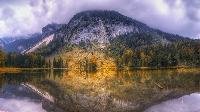 reflection, fall, mountain, trees, forest, calm, water, landscape, clouds, nature, lake