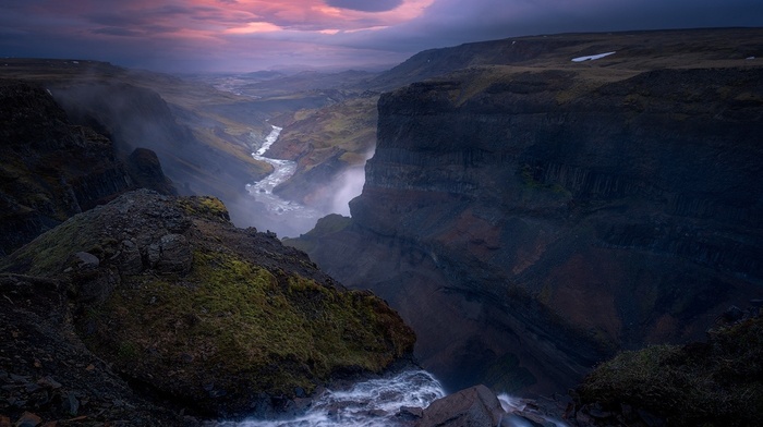 landscape, canyon, nature, sky, hill, sunset, river, clouds, mist, summer, calm, valley, Iceland