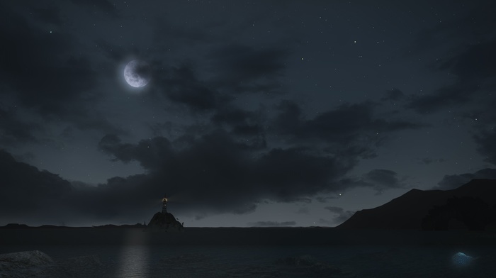 night, stars, moonlight, Final Fantasy XIV A Realm Reborn, moon, lighthouse, clouds, video games, bay, sky, sea, digital art