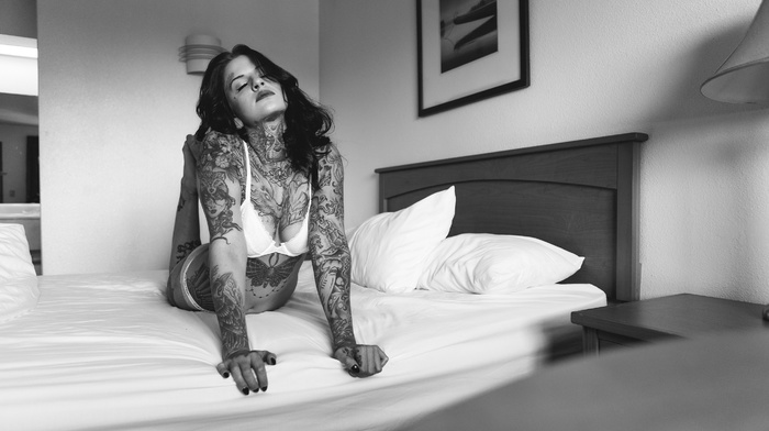 monochrome, tattoo, model, bed, girl