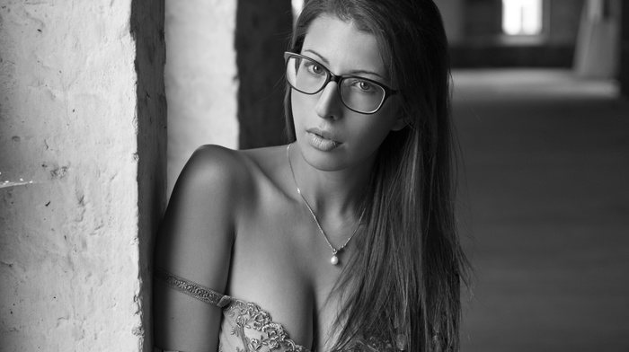 girl with glasses, monochrome, model, girl