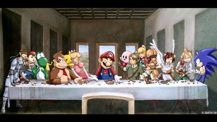 the last supper, painting, digital art, The Legend of Zelda, Super Mario, table, parody, Sonic, Kirby