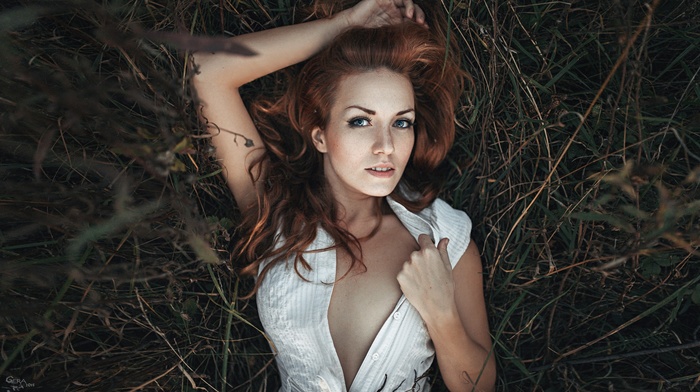 girl outdoors, girl, Georgiy Chernyadyev, freckles, redhead, lying down