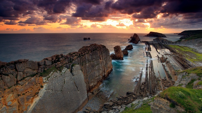 sunset, sea, coast, landscape, nature, rock formation, cliff