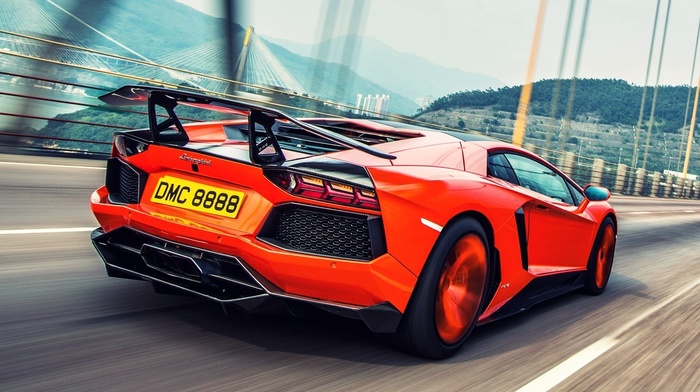 road, bridge, Lamborghini Aventador, car, Lamborghini, motion blur