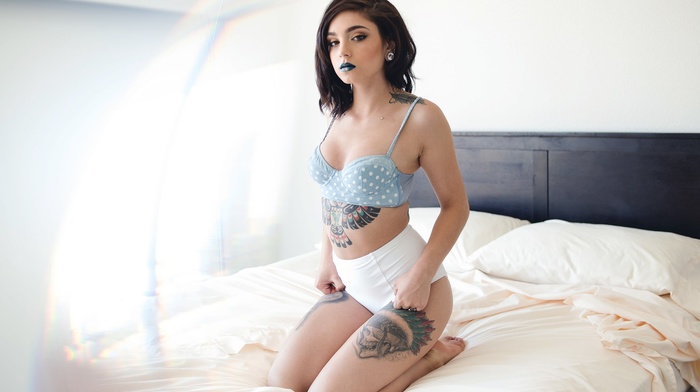 kneeling, girl, in bed, bra, tattoo, underwear