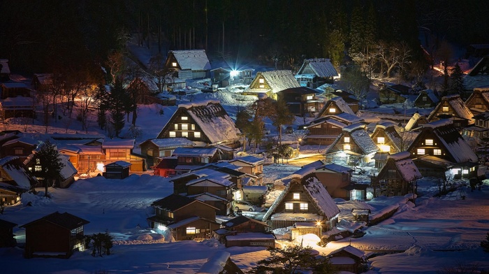 Shirakawa, go, snow, nature, trees, night, lights, landscape, winter, village, house, Japan