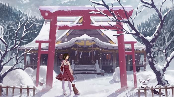 building, forest, dress, Asian architecture, original characters, anime girls, arch, trees, house, shrine, mountain, miko, snow, winter