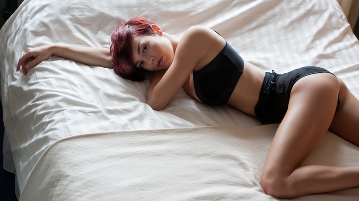 redhead, lying down, girl, bed, lingerie, Jack Russell, Rosie Robinson