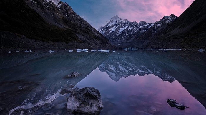 reflection, lake, nature, New Zealand, water, mountain, sunrise, snowy peak, ice, clouds, landscape