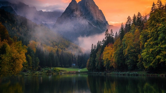 Germany, mountain, trees, sunset, water, mist, forest, sky, landscape, nature, lake, fall