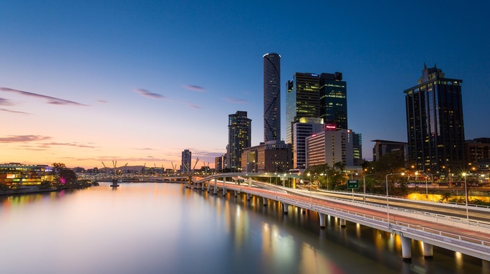 city, Brisbane, Australia, sunset, river, cityscape, skyscraper, reflection