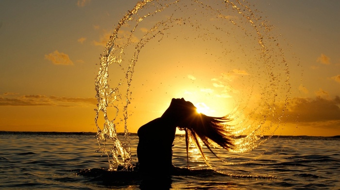 girl, photography, wet body, long hair, splashes, sky, wet hair, silhouette, water drops, model, girl outdoors, sunset, sea, Sun