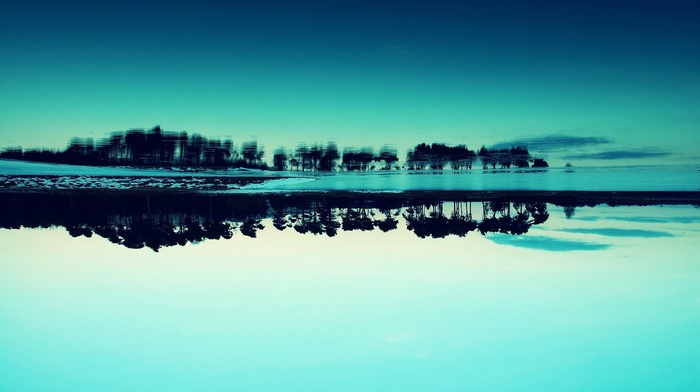 landscape, water, trees, sky, reflection, calm, blue, nature