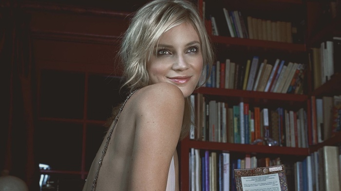 actress, looking away, smiling, long hair, model, library, girl, shelves, blonde, bare shoulders, books, Amy Smart, face