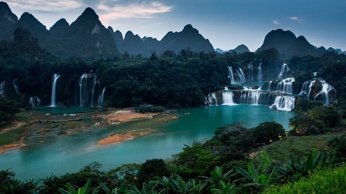 green, forest, hill, river, mountain, sunrise, China, jungles, landscape, nature, Vietnam, waterfall, foliage
