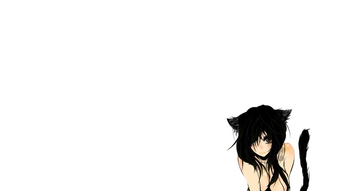 cleavage, black hair, brown eyes, nekomimi