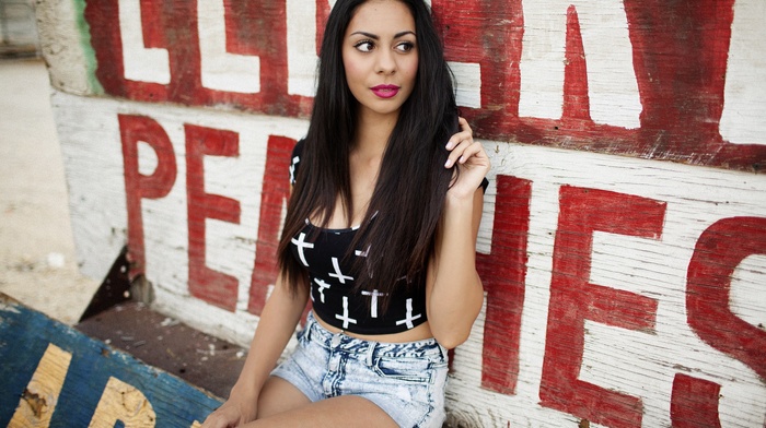 girl, sitting, looking away, walls, jean shorts