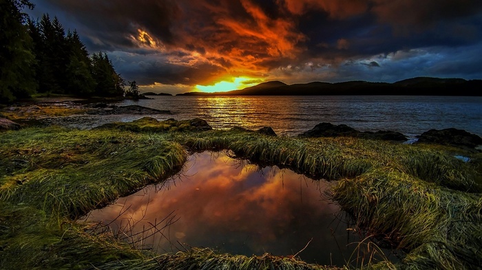 water, trees, mountain, sky, clouds, sunset, lake, landscape, nature, grass, puddle