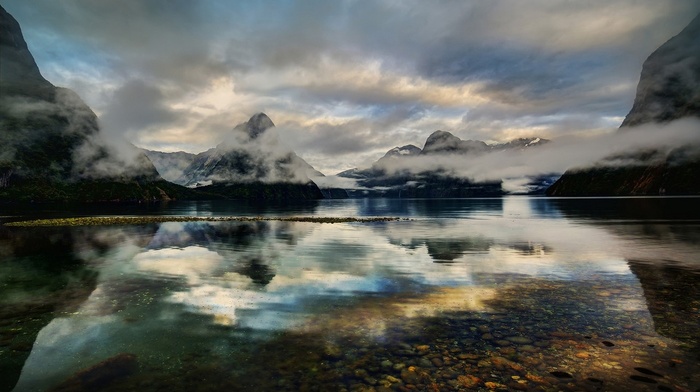 sunrise, mist, clouds, New Zealand, reflection, mountain, Milford Sound, snowy peak, landscape, fjord, nature, lake, water