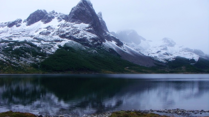 water, lake, mountain, forest, landscape, island, snowy peak, mist, winter, nature, Chile
