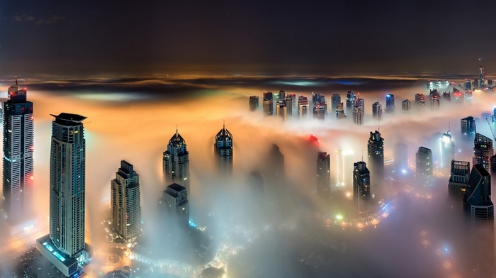 landscape, Dubai, building, United Arab Emirates, night, skyscraper, cityscape, mist, lights, architecture, urban