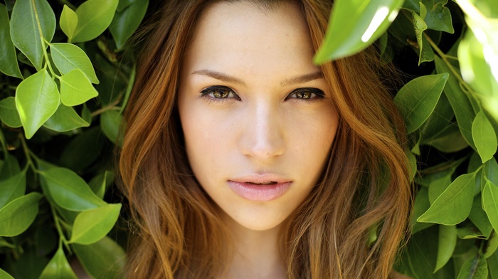 leaves, girl, face, portrait