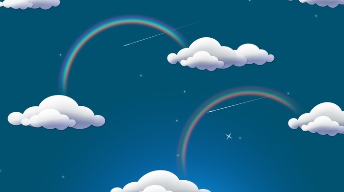 rainbows, sky, colorful, clouds, digital art, blue background, stars