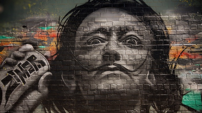 men, painters, graffiti, Salvador Dal, moustache, bricks, selective coloring, face, portrait, walls