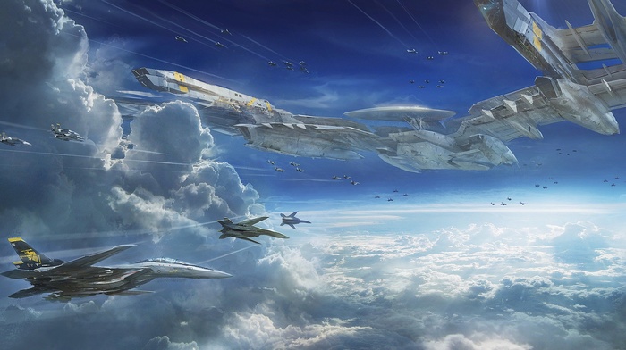 futuristic, aircraft, clouds, artwork, Sento Yosei Yukikaze