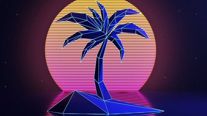 low poly, palm trees, sunset