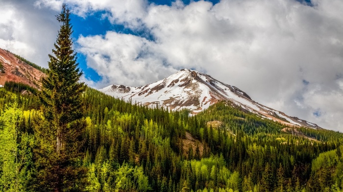 nature, Colorado, landscape, mountain, snowy peak, pine trees, forest, clouds