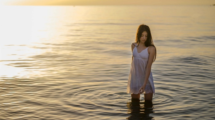 girl, sea, see, through clothing, sunset