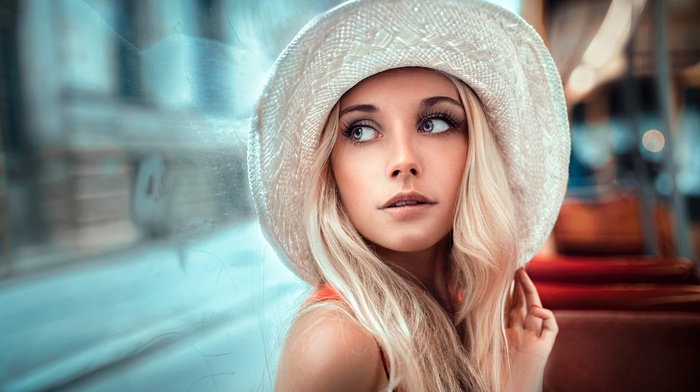 girl, portrait, blonde, hat, model, hazel eyes, depth of field