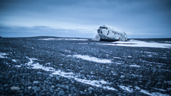 landscape, overcast, aircraft, snow, wreck, abandoned, vehicle
