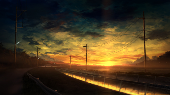 clouds, sky, road, fence, power lines, digital art, artwork, canal, sunset