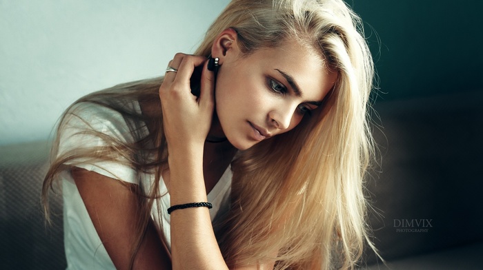 girl, portrait, white tops, model, blonde, looking away, bracelets, black nails